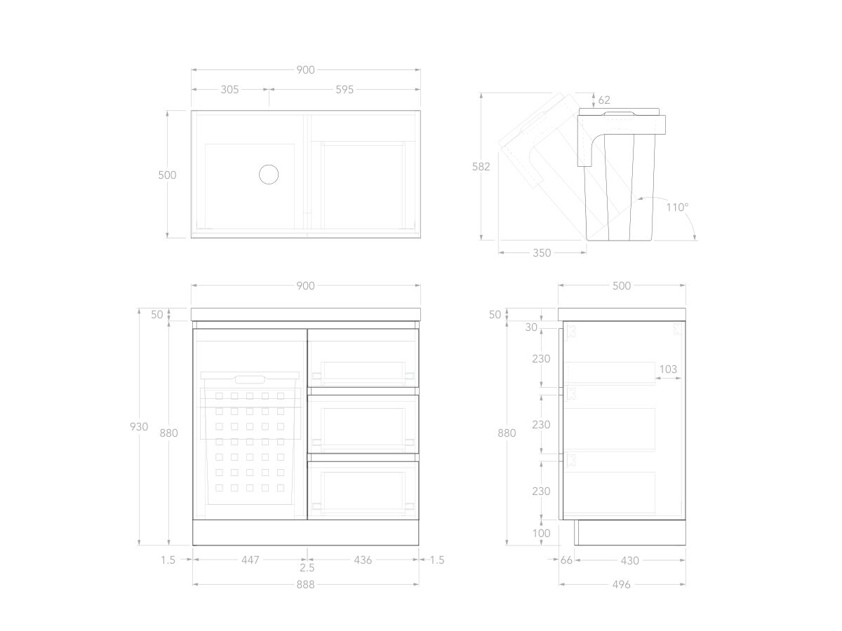 Technical Image - Posh Domaine Plus Hamper 900 Floor Mounted Left Bowl 50mm Top