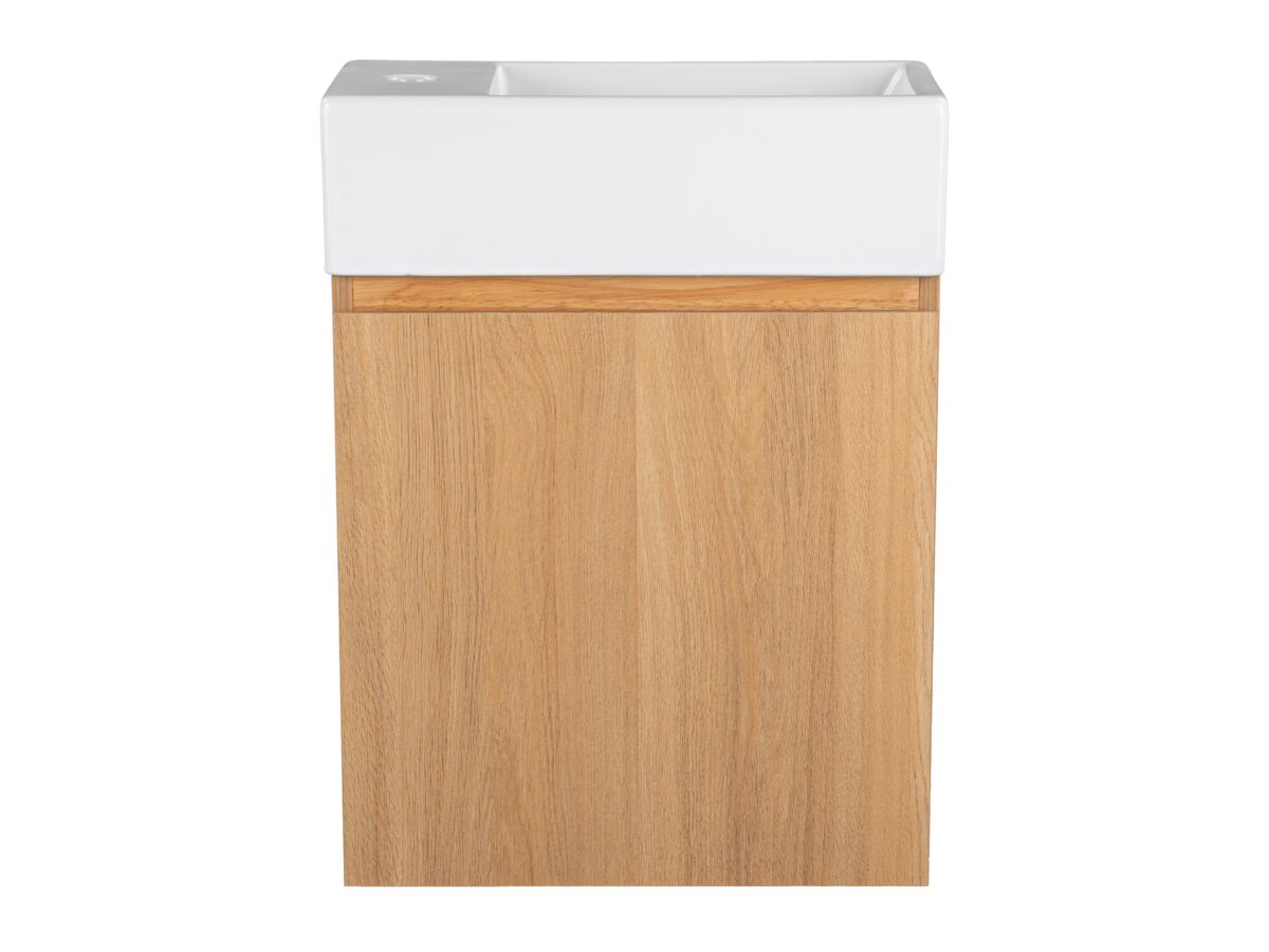 Hero - Posh Solus Powder Room Vanity Unit Wall Mounted Right Hand Bowl 1 Taphole Oak Finish