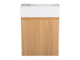 Hero - Posh Solus Powder Room Vanity Unit Wall Mounted Right Hand Bowl 1 Taphole Oak Finish