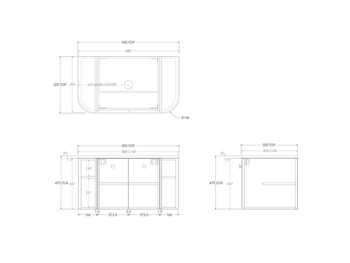 Technical Drawing - Kado Era Double Curve All Door 900mm Wall Hung Vanity with Centre Basin 20mm Top