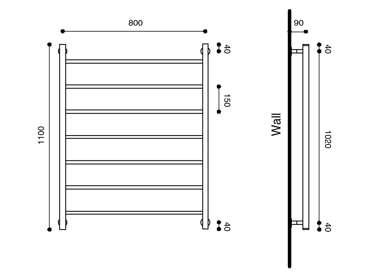 Technical Drawing - Hydrotherm Pure Heated Towel Rail 800mm x 1100