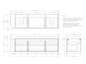 Technical Drawing - Kado Neue Fluted Single Curve All Drawer 1650mm Wall Hung Vanity with Double Basin Durasein 90mm Top