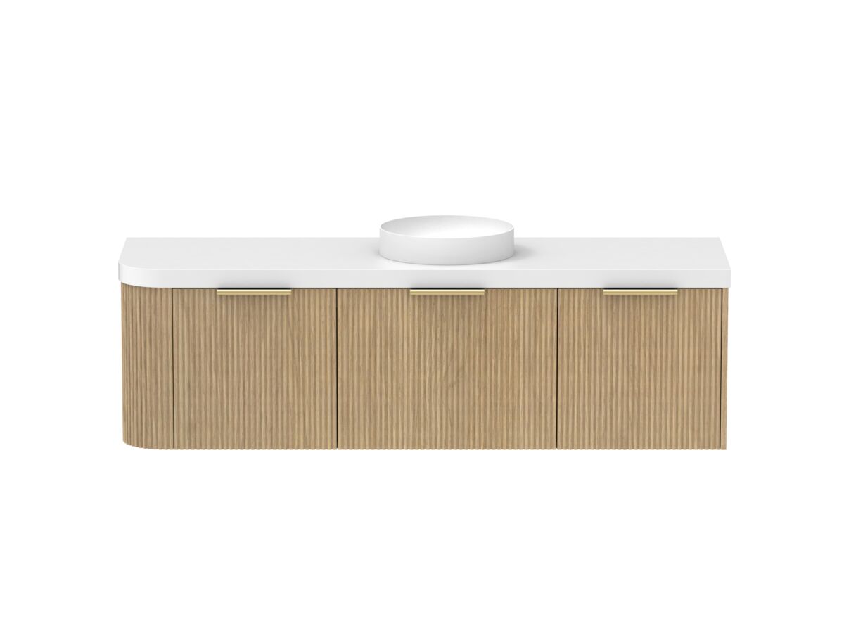 Supporting Image - Kado Neue Fluted Single Curve All Drawer 1650mm Wall Hung Vanity with Centre Basin Durasein 50mm Top Boston Oak