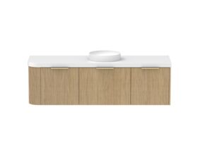Supporting Image - Kado Neue Fluted Single Curve All Drawer 1650mm Wall Hung Vanity with Centre Basin Durasein 50mm Top Boston Oak