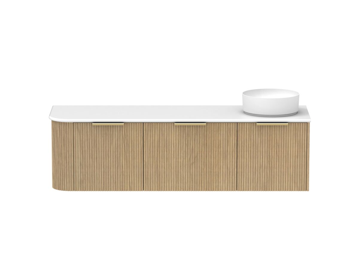Supporting Image - Kado Neue Fluted Single Curve All Drawer 1650mm Wall Hung Vanity with Right Hand Basin 20mm Top Boston Oak