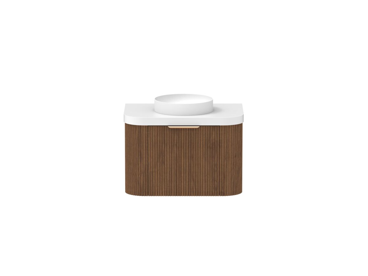 Hero - Kado Neue Fluted Double Curve All Drawer 750mm Wall Hung Vanity with Centre Basin Durasein 50mm Top Florentine Walnut