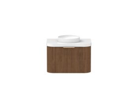 Hero - Kado Neue Fluted Double Curve All Drawer 750mm Wall Hung Vanity with Centre Basin Durasein 50mm Top Florentine Walnut
