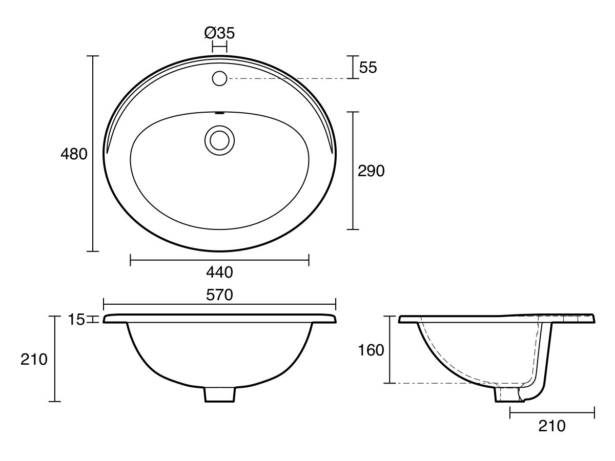 Technical Drawing - Base Vanity Basin with Overflow 1 Taphole 560 x 480mm White