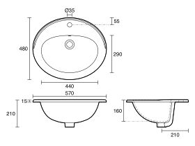 Technical Drawing - Base Vanity Basin with Overflow 1 Taphole 560 x 480mm White