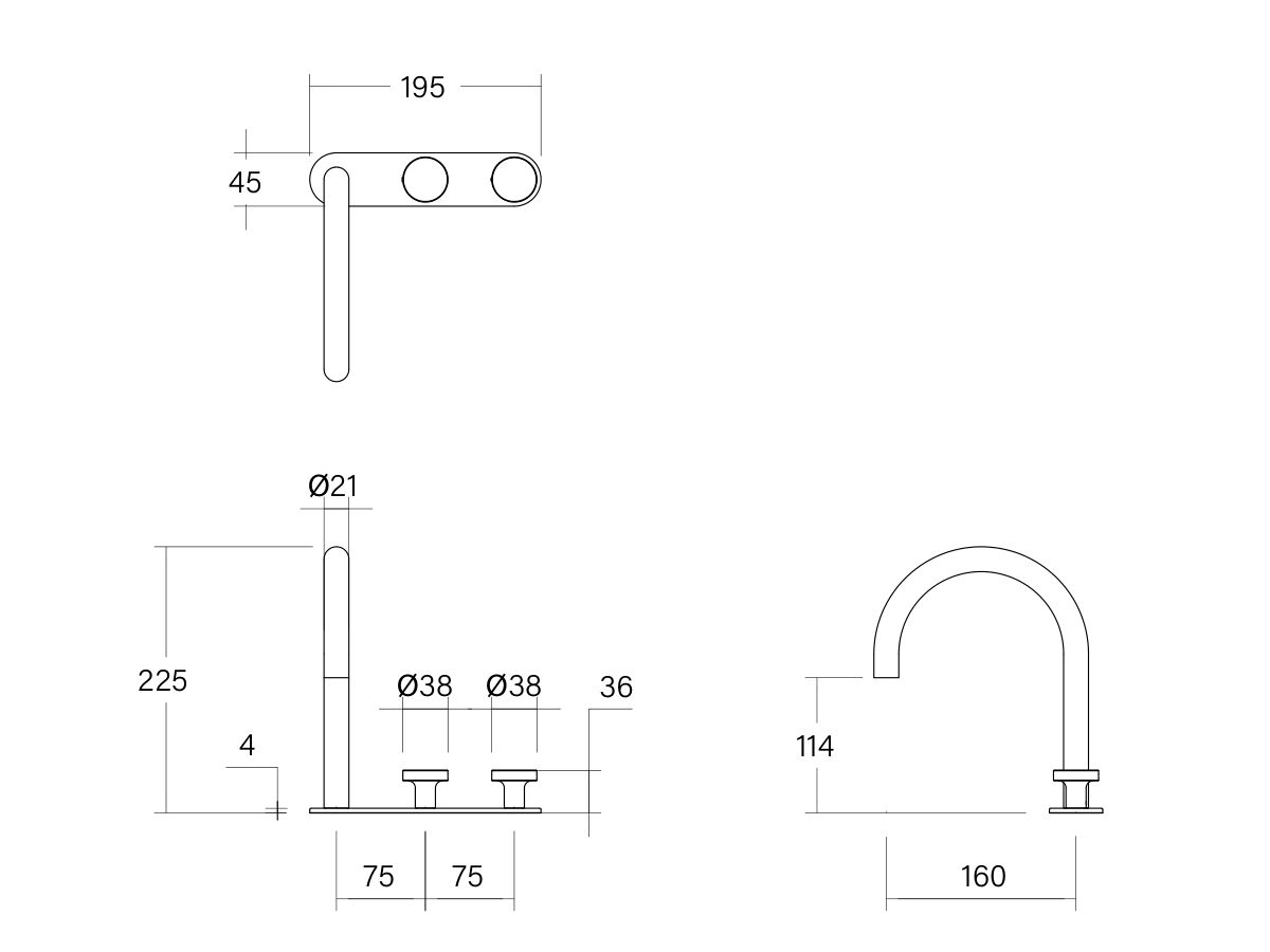 Technical Drawing - Faucet Strommen Vara Disc Hob Basin Hostess Tap System Right Hand (6 Star) Lead Free