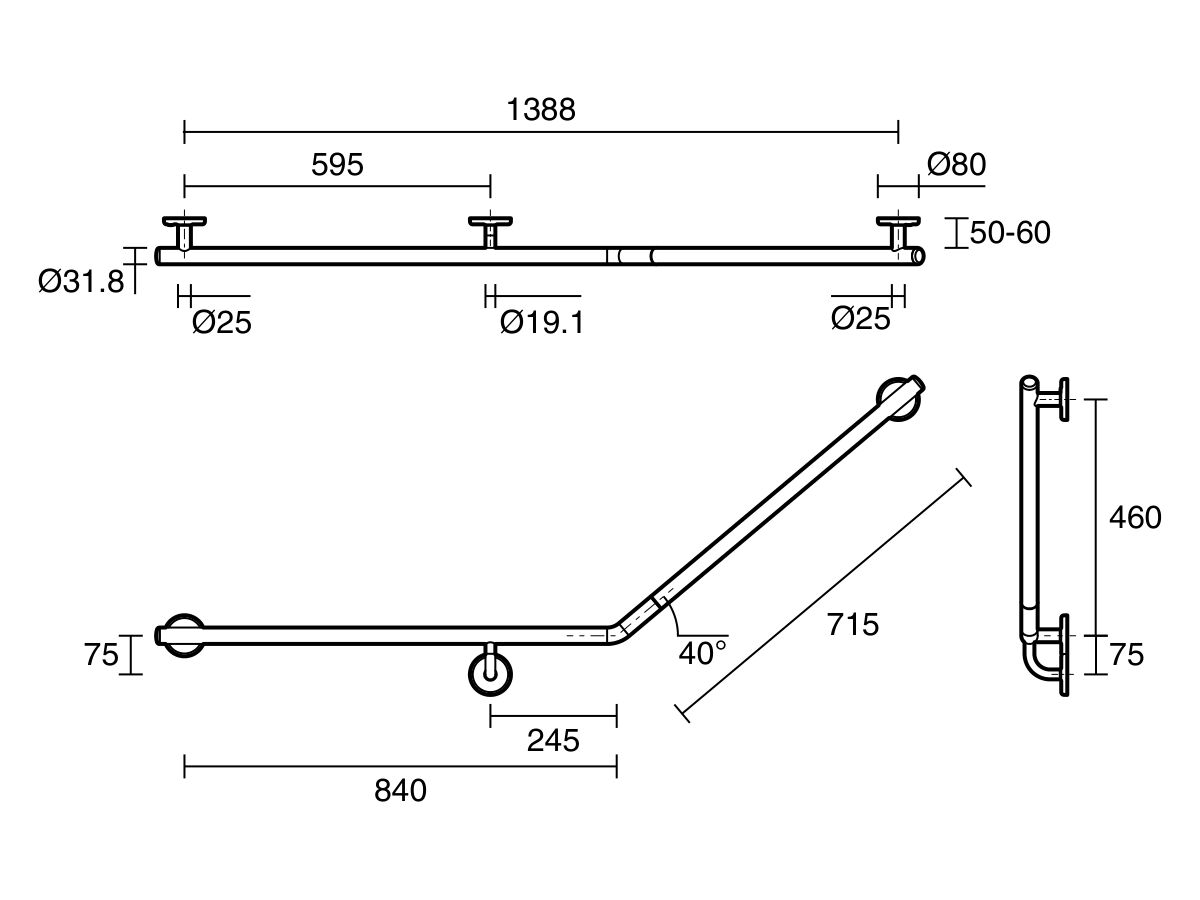 Mizu Drift 840mm x 715mm x 40 Degree Accessible Toilet Grab Rail Modular Left Hand