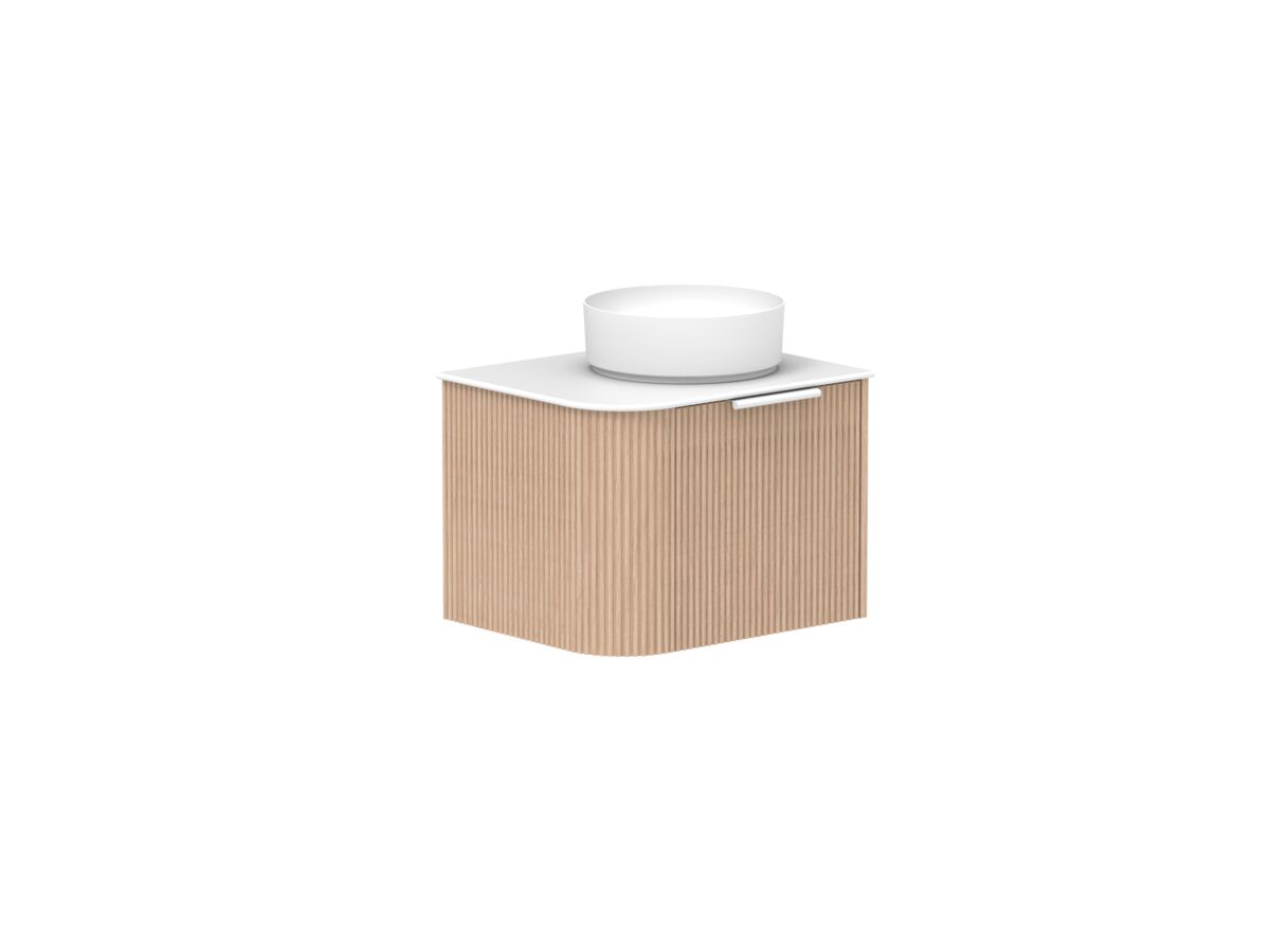 Supporting Image 2- Kado Neue Fluted Single Curve All Drawer 600mm Wall Hung Vanity with Centre Basin Durasein 12mm Top Blonde Oak