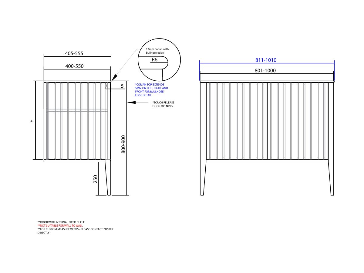 ISSY Custom Cloud I 801-1000mm x 400-550mm x 800-900mm Vanity Unit with Legs 2 Touch Latch Doors Semi Inset (No Basin)