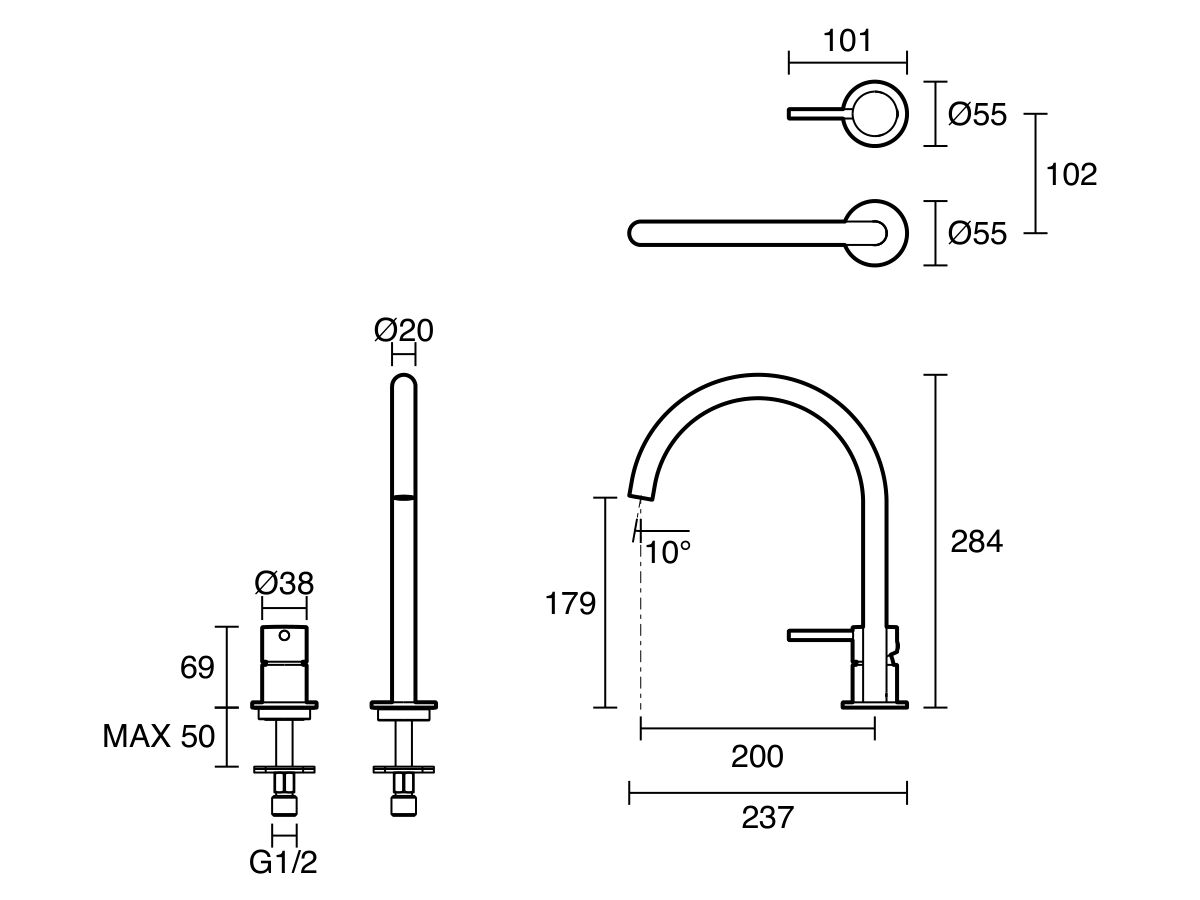 Technical Drawing - Mizu Drift Medium Height Hob Mixer Set (6 Star) Lead Free