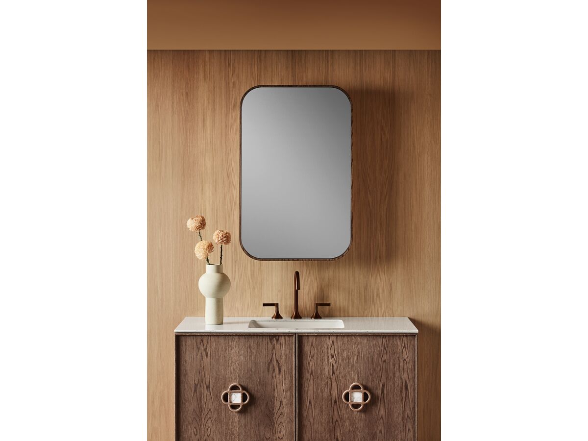 Adorn 3 vanity with Carrara Rosette handle and Cloud shaving cabinet portrait close up - Pecan Oak