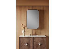 Adorn 3 vanity with Carrara Rosette handle and Cloud shaving cabinet portrait close up - Pecan Oak
