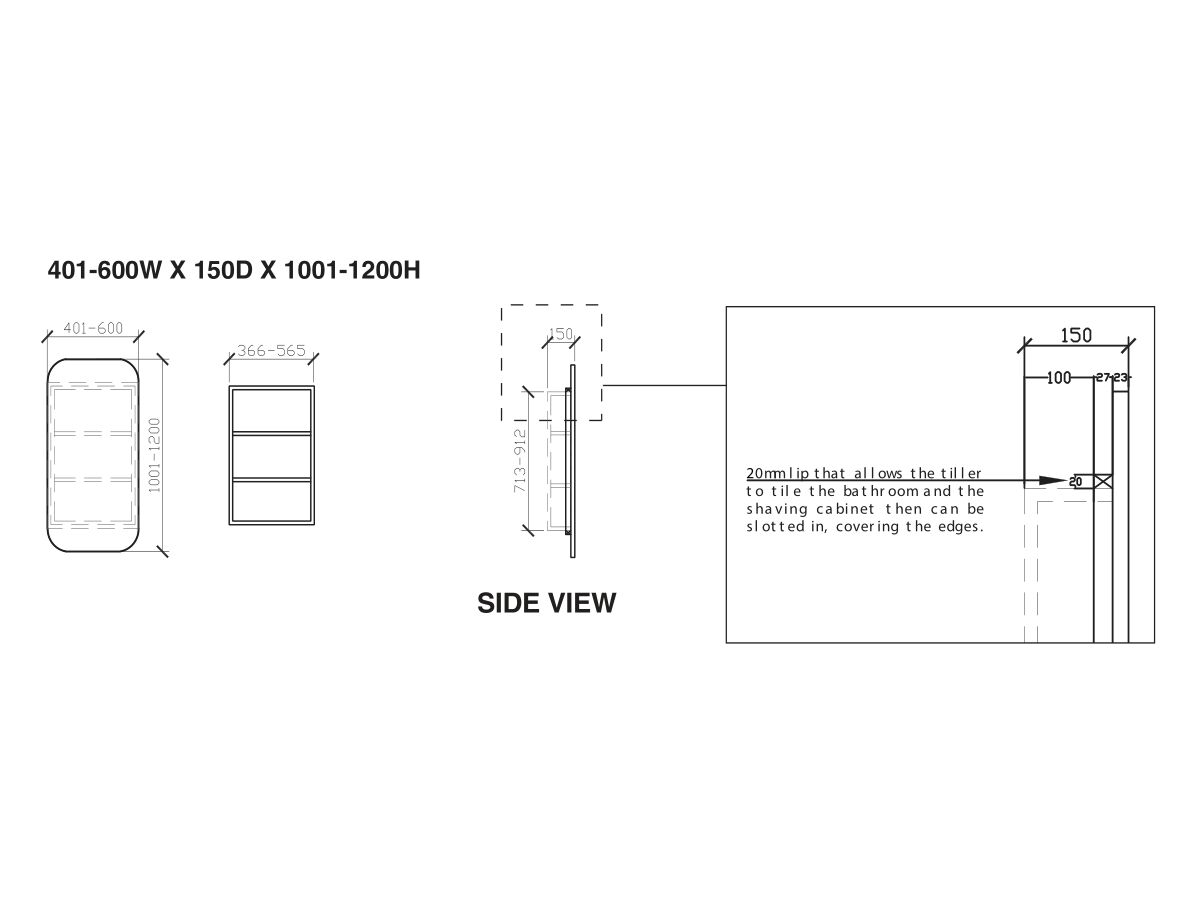 ISSY Z1 Recessed Oval Mirror with Shaving Cabinet Custom 401mm-600mm x 1001mm-1200mm