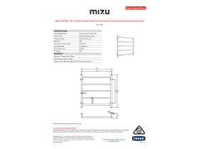 Specification Sheet - Mizu Drift MK2 750 x 800mm Heated Towel Rail Only (Less Transformer) Brushed Stainless Steel