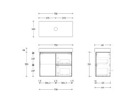 Technical Drawing - Posh Domaine 750mm Ensuite Wall Hung Vanity Unit 90mm Top