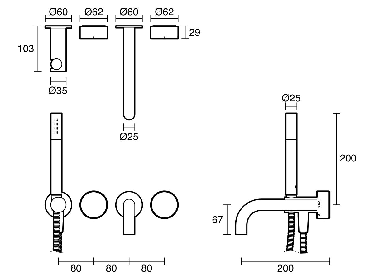 Technical Drawing - Sussex Pure Elemental Progressive Bath Mixer System with Handshower 200mm