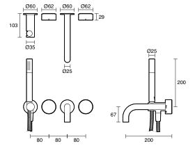 Technical Drawing - Sussex Pure Elemental Progressive Bath Mixer System with Handshower 200mm