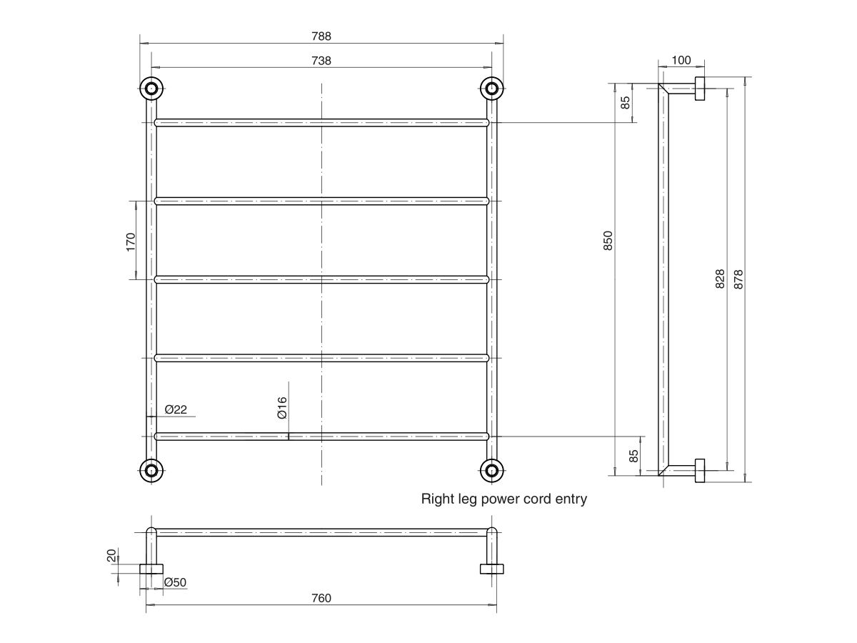 Mizu Drift Heated Towel Rail 760mm x 850mm Polished Stainless Steel