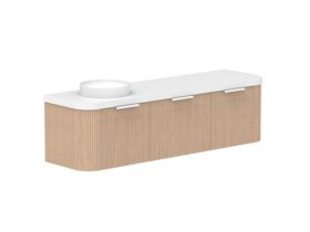 Supporting Image 2- Kado Neue Fluted Double Curve All Drawer 1800mm Wall Hung Vanity with Left Hand Basin Durasein 50mm Top Blonde Oak