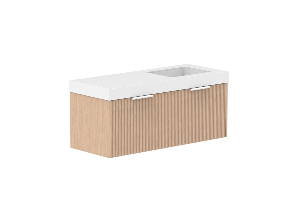 Supporting Image 2- Kado Neue Fluted Square All Drawer 1200mm Wall Hung Vanity with Right Hand Basin 90mm Top Blonde Oak