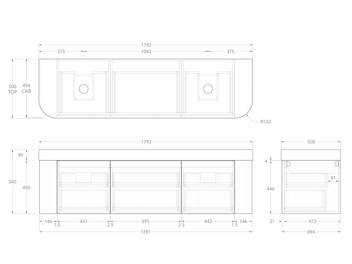 Technical Drawing - Kado Neue Fluted Double Curve All Drawer 1800mm Wall Hung Vanity with Double Basin Durasein 90mm Top