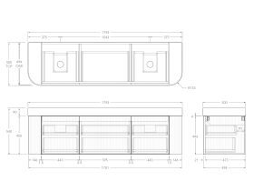 Technical Drawing - Kado Neue Fluted Double Curve All Drawer 1800mm Wall Hung Vanity with Double Basin Durasein 90mm Top