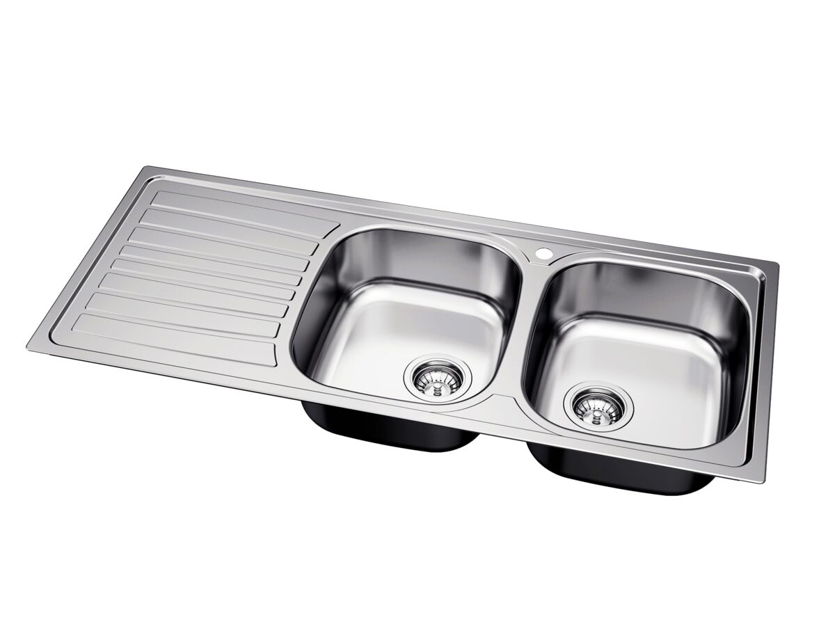 Supporting Image 2 - Posh Bristol Double Bowl Sink 1 Taphole Right Hand Bowl with Drainer Stainless Steel
