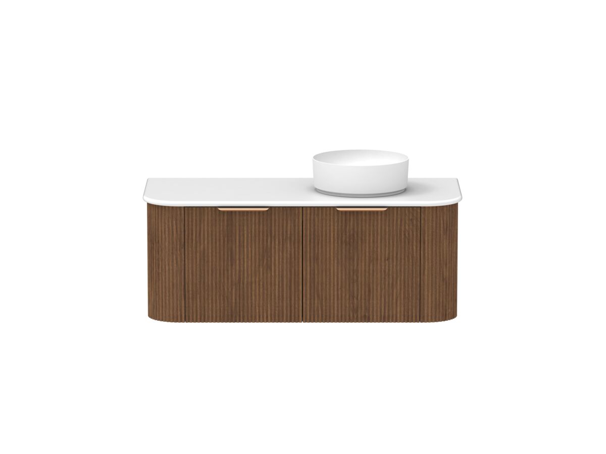 Hero - Kado Neue Fluted Double Curve All Drawer 1200 Wall Hung Vanity with Right Hand Basin 20mm Florentine Walnut