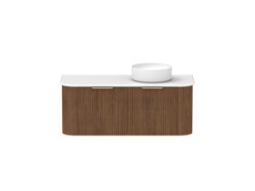 Hero - Kado Neue Fluted Double Curve All Drawer 1200 Wall Hung Vanity with Right Hand Basin 20mm Florentine Walnut
