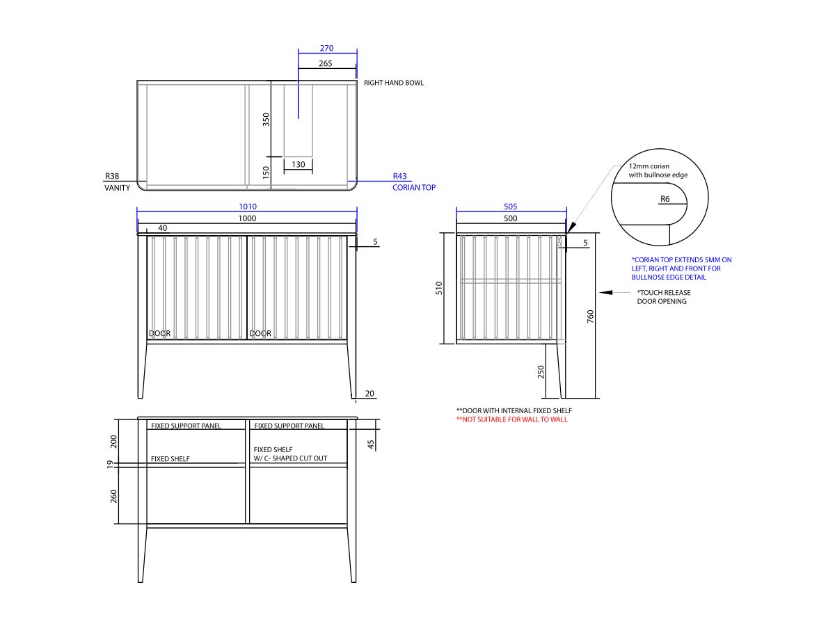 ISSY Cloud I 1000mm x 500mm x 760mm Vanity Unit with Legs 2 Touch Latch Doors (No Basin)
