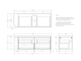 Technical Drawing - Kado Neue Fluted Single Curve All Drawer 1350mm Wall Hung Vanity with Centre Basin Durasein 50mm Top