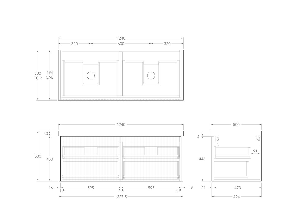 Technical Drawing - Kado Neue Fluted Square All Drawer 1200mm Wall Hung Vanity with Double Basin 50mm Top