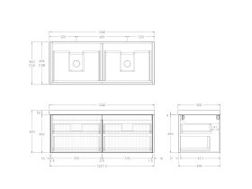 Technical Drawing - Kado Neue Fluted Square All Drawer 1200mm Wall Hung Vanity with Double Basin 50mm Top