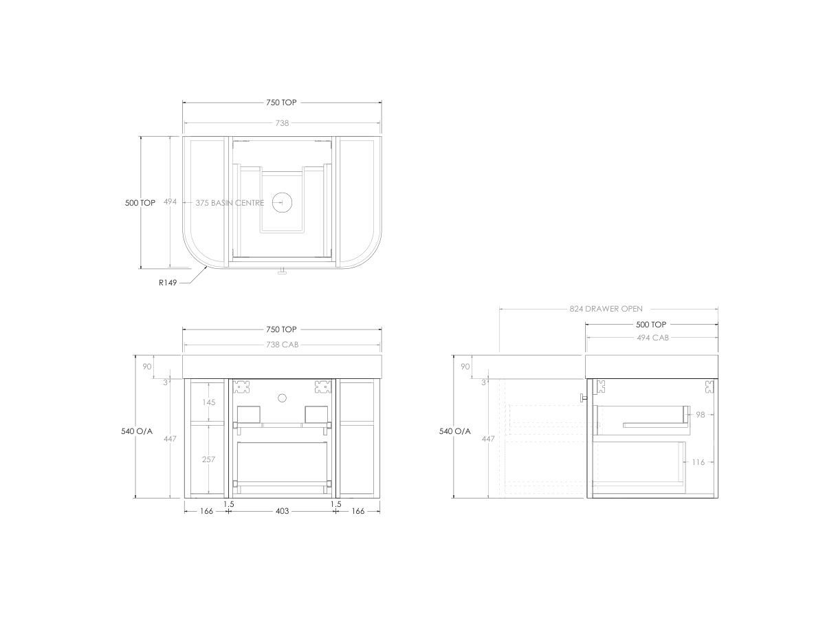 Technical Drawing - Kado Era Double Curve All Drawer 750mm Wall Hung Vanity Centre Basin 90mm Durasein Top