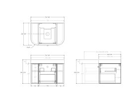 Technical Drawing - Kado Era Double Curve All Drawer 750mm Wall Hung Vanity Centre Basin 90mm Durasein Top