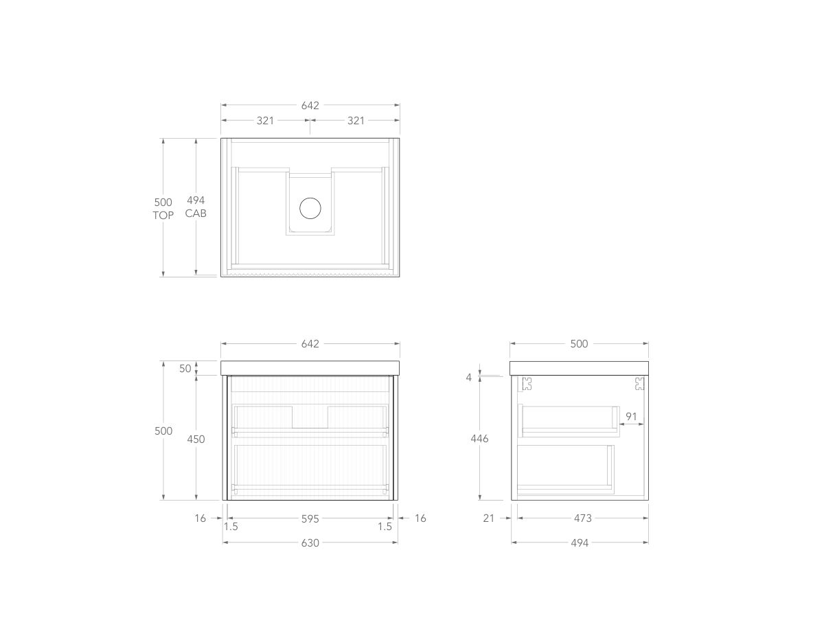 Technical Drawing - Kado Neue Fluted Square All Drawer 600mm Wall Hung Vanity with Centre Basin 50mm Top