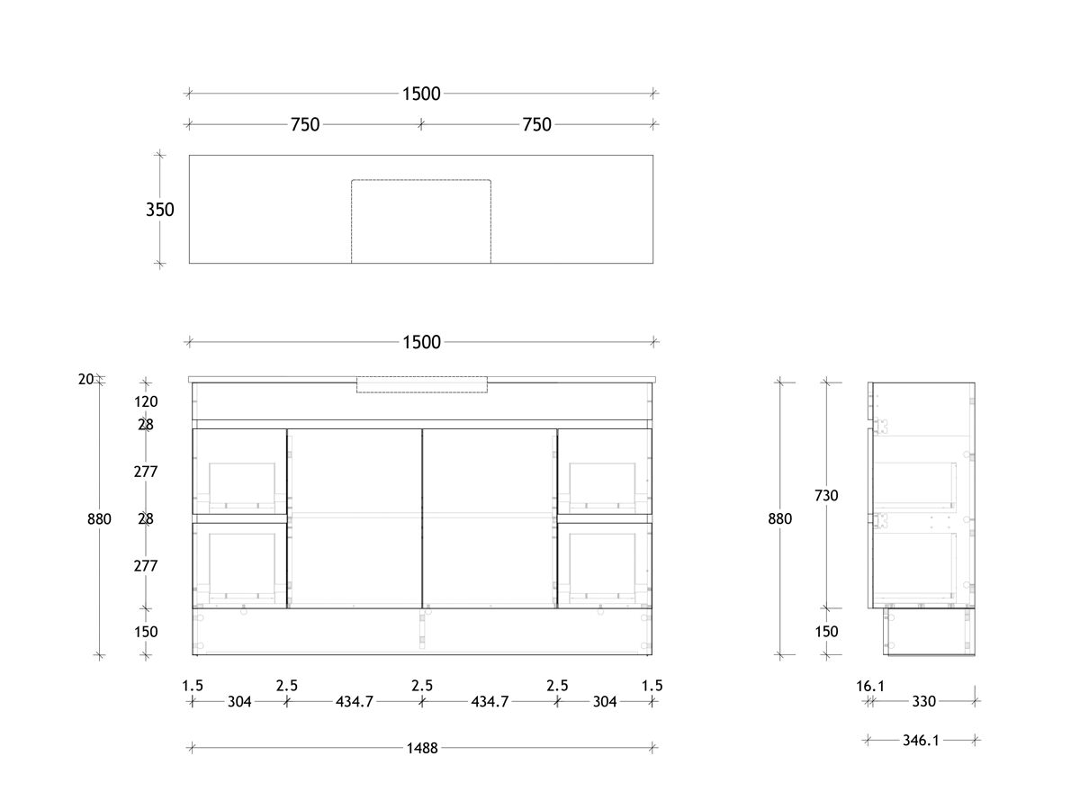 Technical Drawing - Posh Domaine Semi-Recessed 1500mm Floor Mounted Vanity Centre Basin 20mm Top