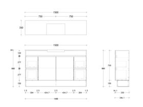 Technical Drawing - Posh Domaine Semi-Recessed 1500mm Floor Mounted Vanity Centre Basin 20mm Top
