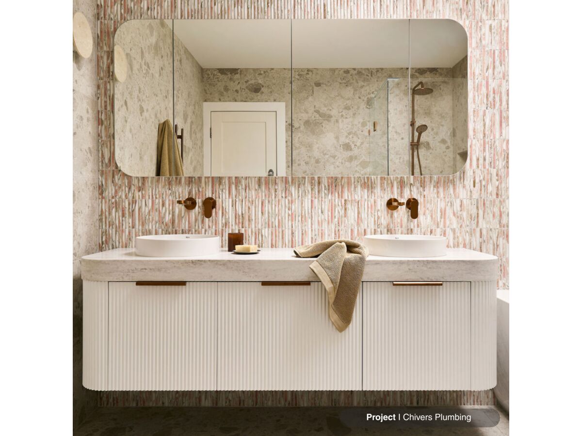 In Situ - Chivers Plumbing - Kado Neue Fluted Vanities, Roca Inspira Round Semi Inset Basin and Mizu Soothe MK2 Brushed Bronze Tapware