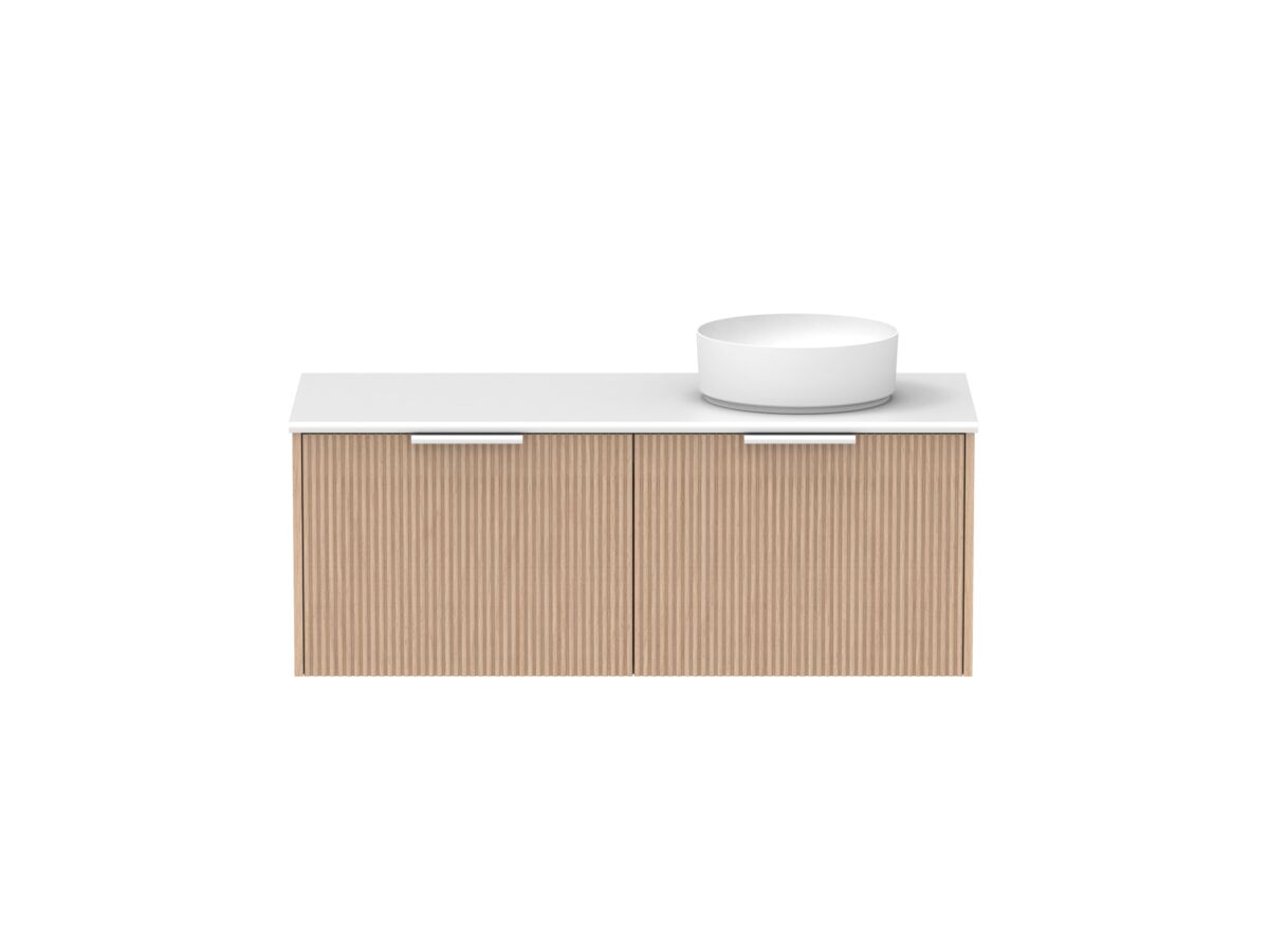 Supporting Image - Kado Neue Fluted Square All Drawer 1200mm Wall Hung Vanity with Right Hand Basin 20mm Top Blonde Oak