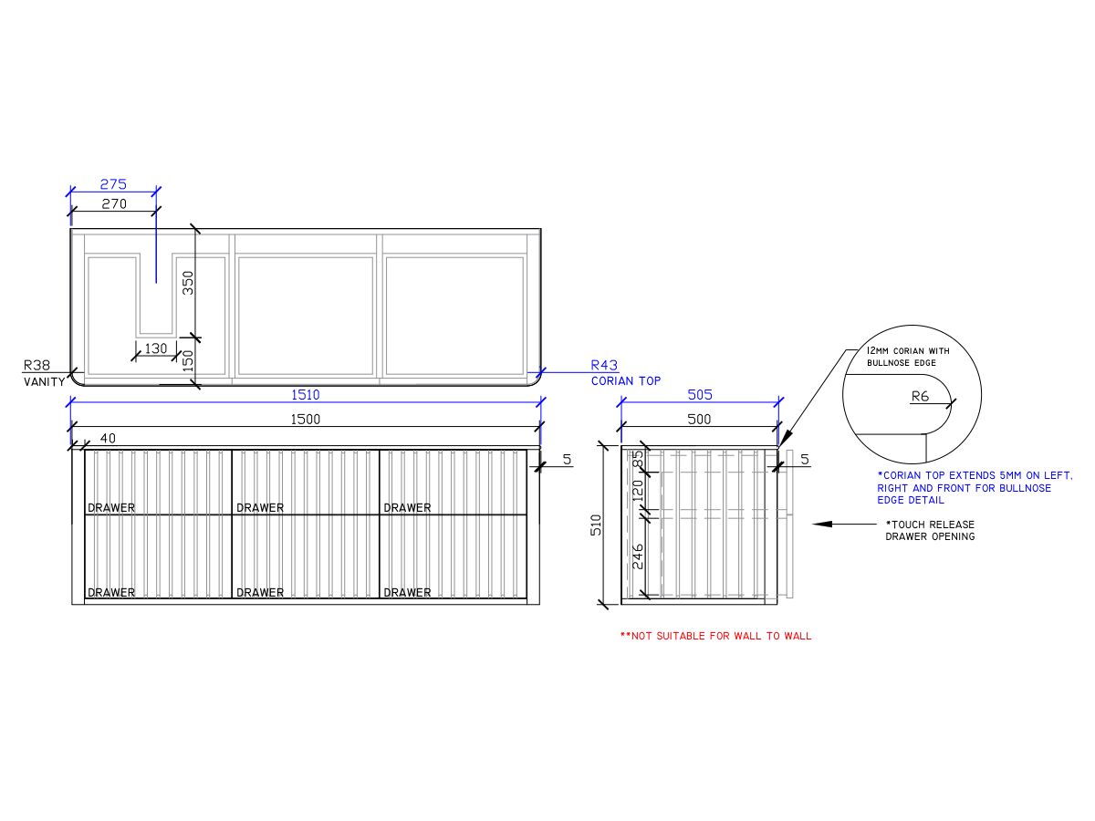 ISSY Cloud II 1500mm x 500mm x 510mm Wall Hung Vanity Unit 6 Touch Latch Drawers (No Basin)