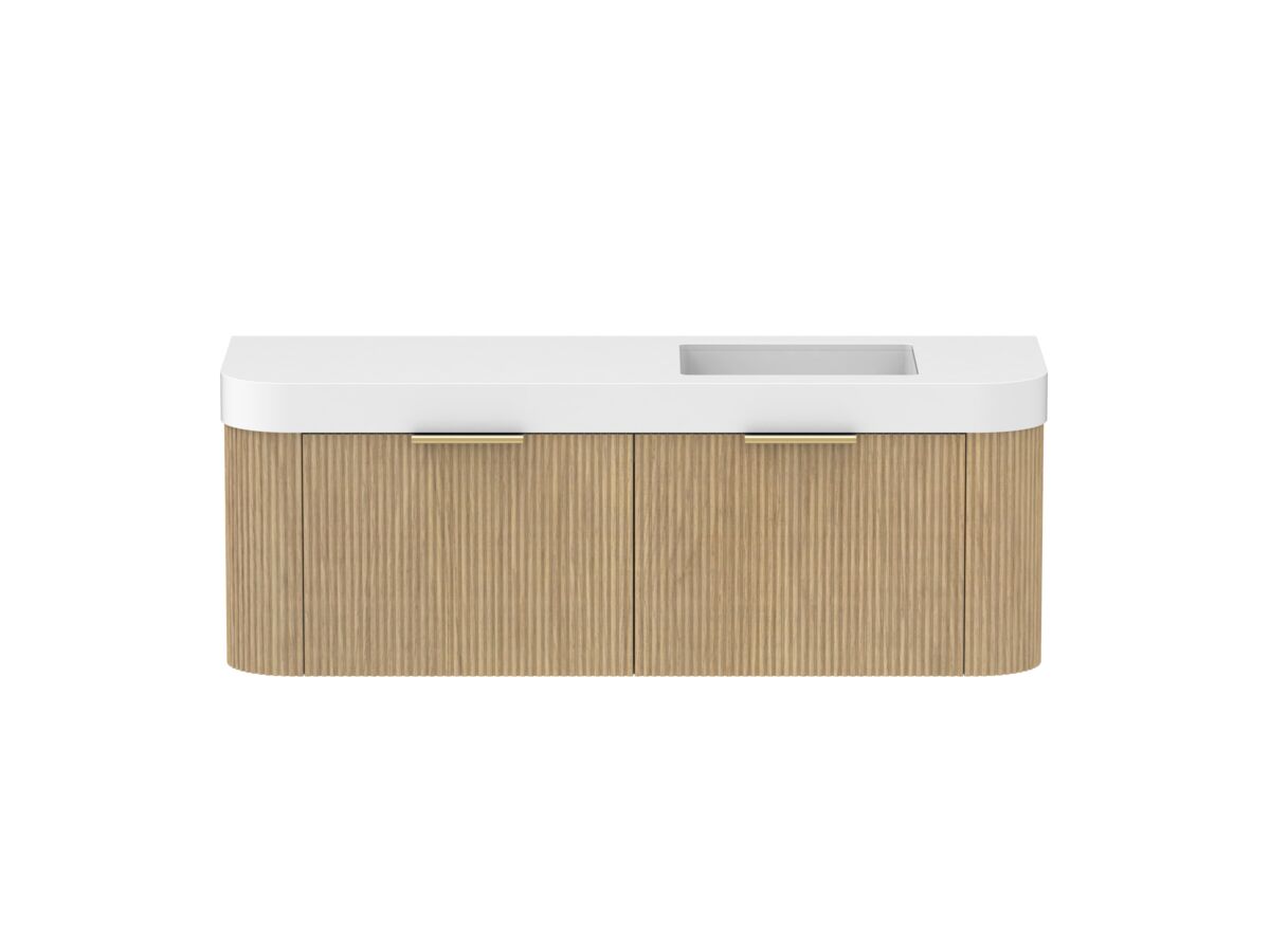 Supporting Image - Kado Neue Fluted Double Curve All Drawer 1500mm Wall Hung Vanity with Right Hand Basin Durasein 90mm Top Boston Oak