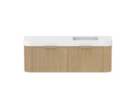 Supporting Image - Kado Neue Fluted Double Curve All Drawer 1500mm Wall Hung Vanity with Right Hand Basin Durasein 90mm Top Boston Oak