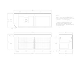 Technical Drawing - Kado Neue Fluted Single Curve All Drawer 1350mm Wall Hung Vanity with Left Hand Basin Durasein 90mm Top