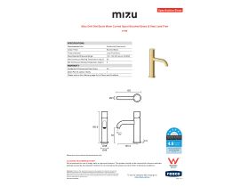 Specification Sheet - Mizu Drift Dial Basin Mixer Curved Spout Brushed Brass (6 Star) Lead Free