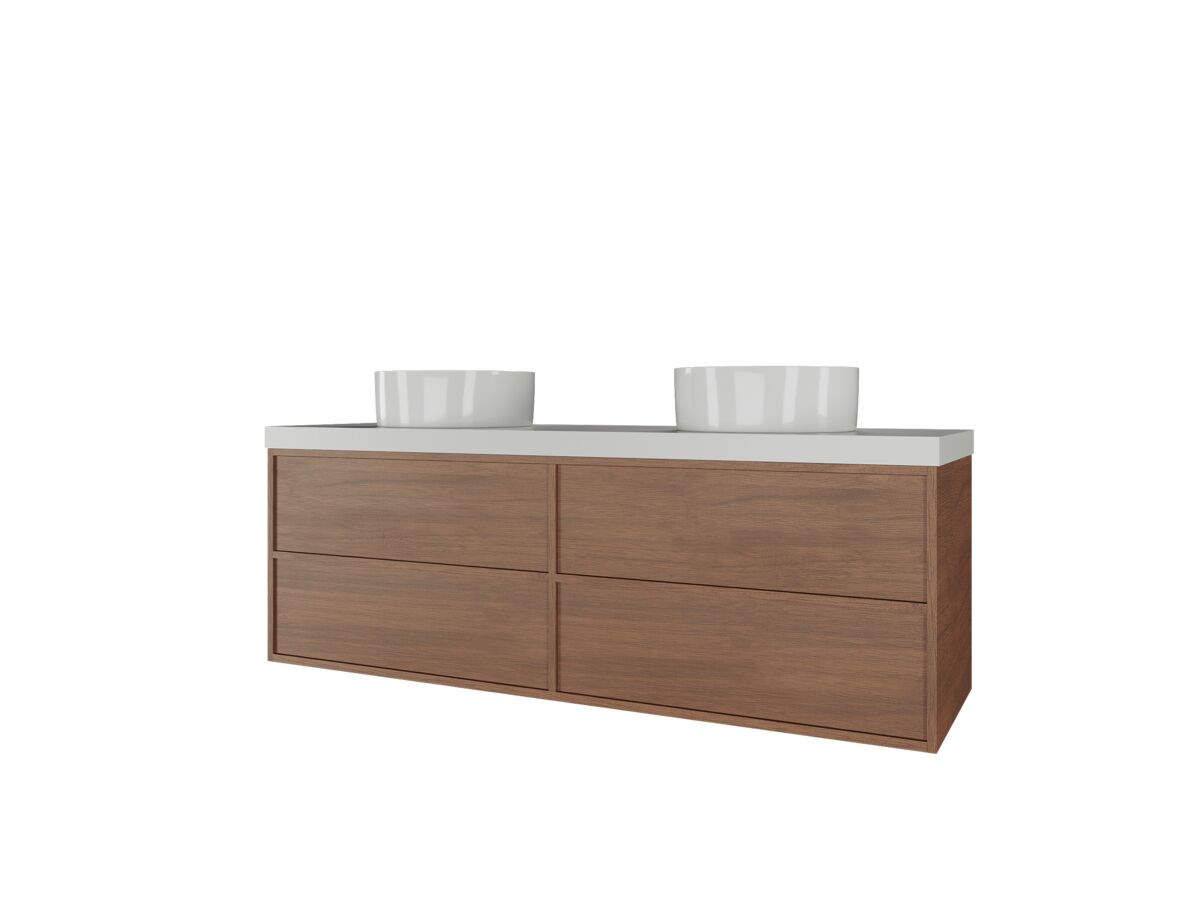 Supporting Image - Kado Aspect Wall Hung Vanity Unit 1500mm Double Bowl 4 Drawer Caesarstone Mineral 50mm Top - Florentine Walnut